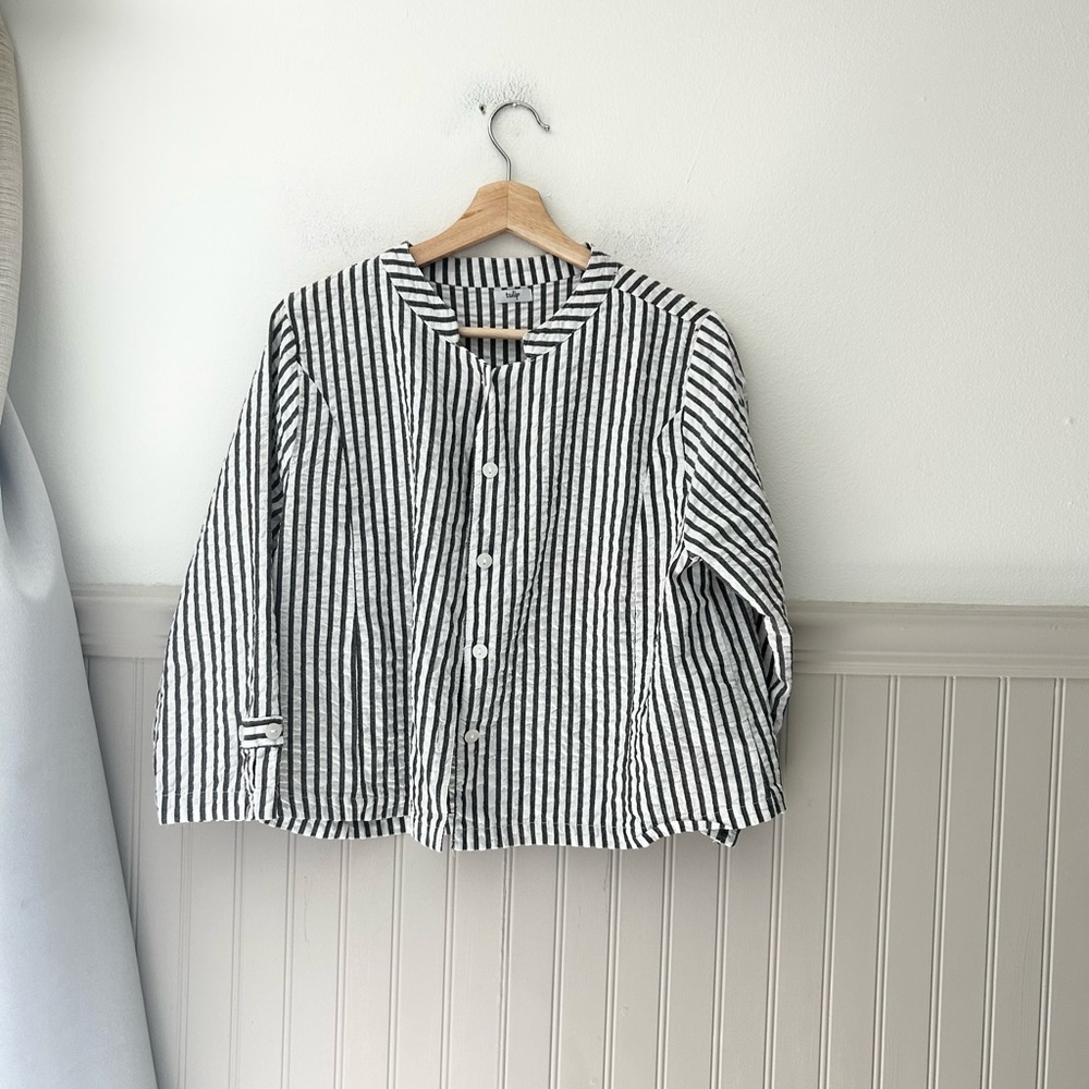 Tulip Small Classic Charcoal White Striped Long Sleeve Cotton Button Down Shirt
